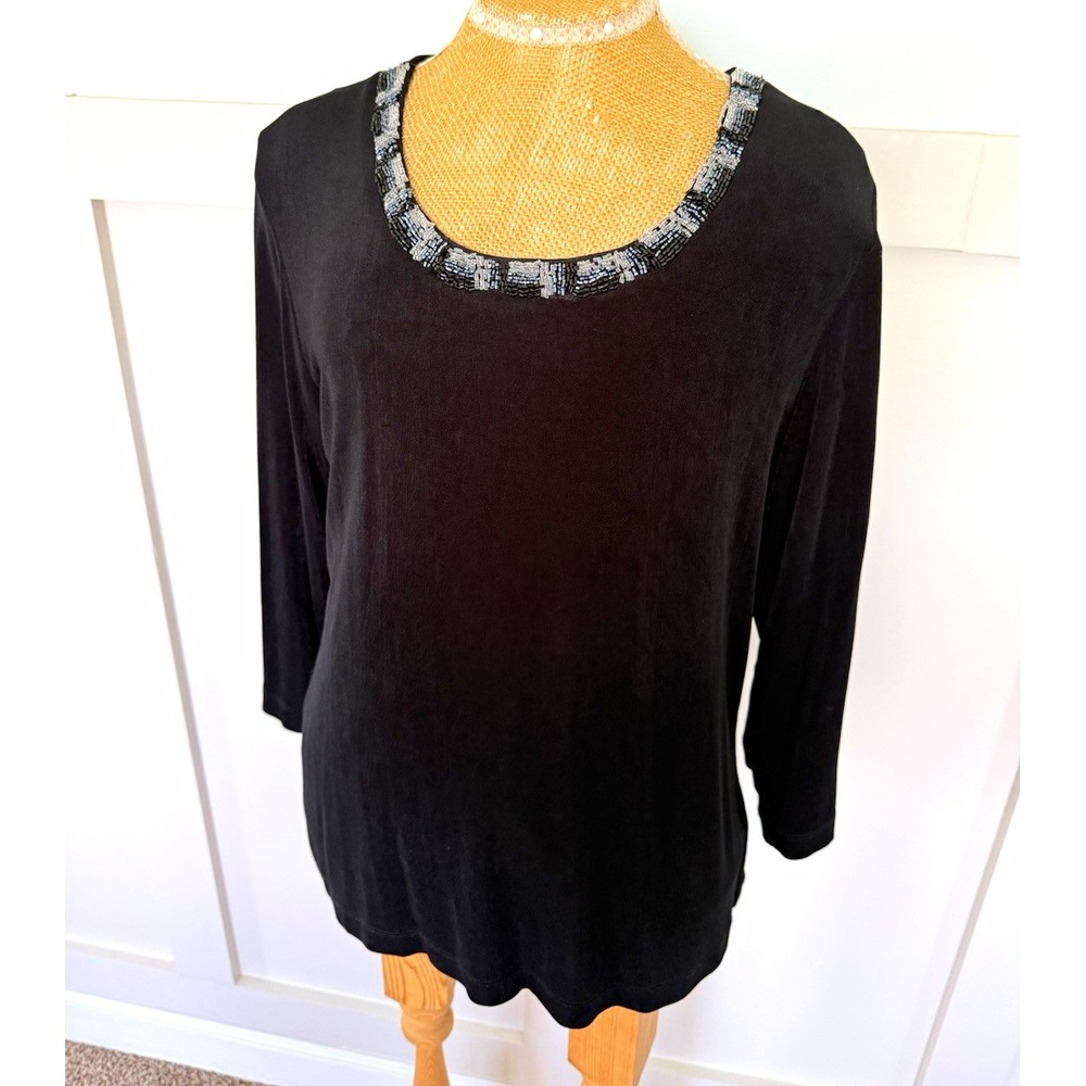 Chico's Travelers Black Knit Top Large Beaded Scoop Neck 3/4 Sleeve Pullover